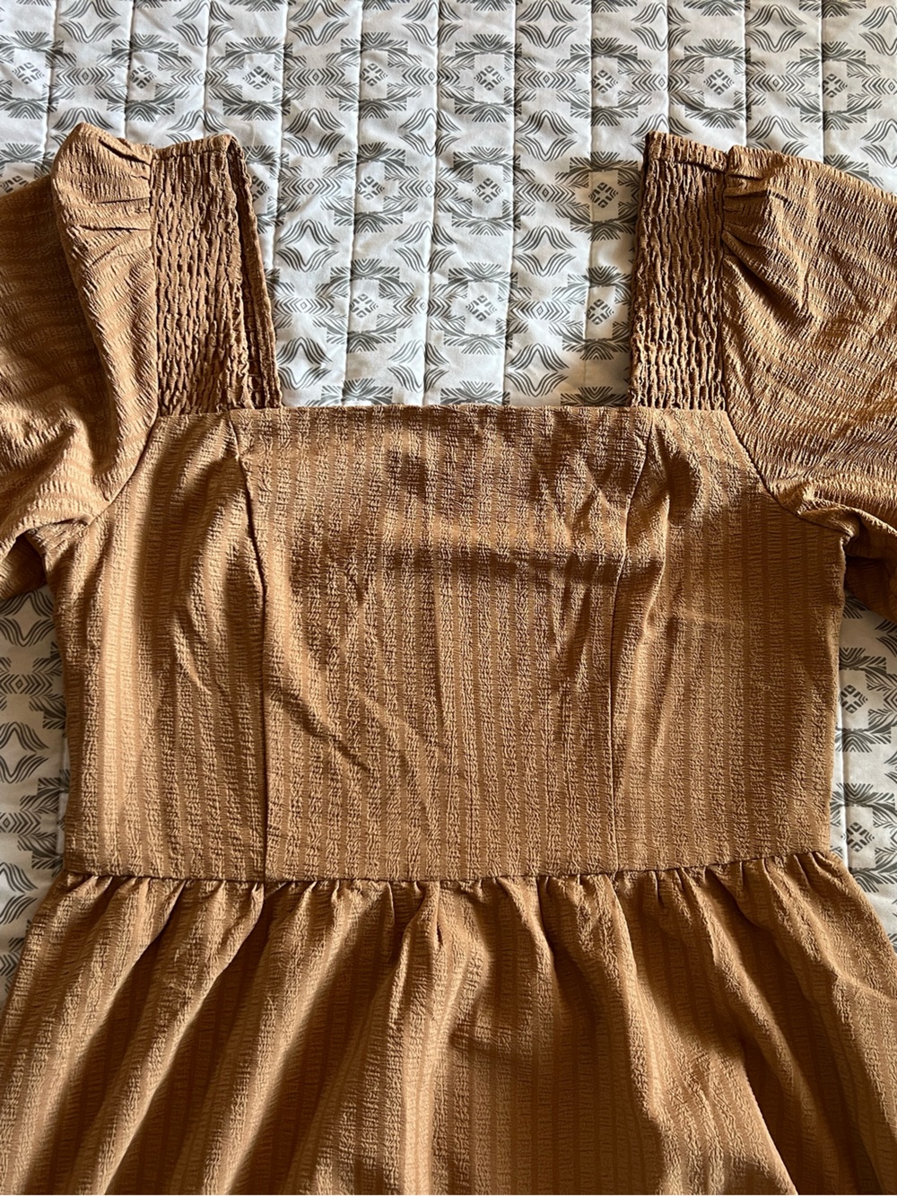 NWT Oddi Camel Puff Sleeve Square Neck Midi Boho Style Dress - Picture 5 of 5